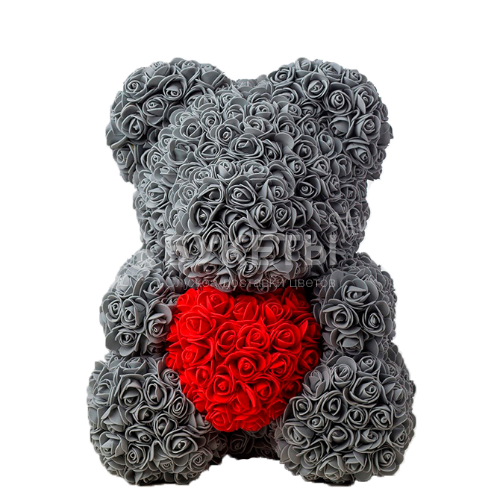 Мишка из роз серый с сердечком