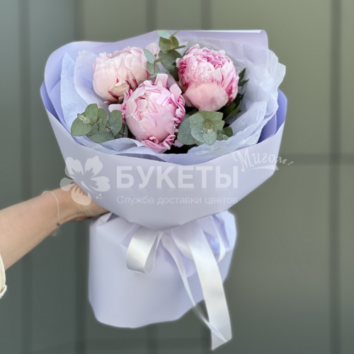 Букет из 3 розовых пионов и эвкалипта